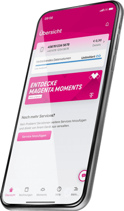 Magenta Moment Smartphone mit geöffneter Magenta App zeigt Tarifübersicht, Datenvolumen und Magenta Moments Angebote