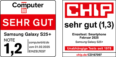 Samsung Galaxy S25+. Auszeichnung Computerbild: Sehr gut. Note. 1,2. Auszeichnung Chip: Sehr gut (1,3) Computer Bild und Chip Siegel mit Auszeichnung Sehr Gut für Samsung Galaxy S25+