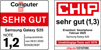 Samsung Galaxy S25. Auszeichnung Computerbild: Sehr gut. Note. 1,2. Auszeichnung Chip: Sehr gut (1,3) Chip und Computer Bild Siegel mit Auszeichnung Sehr Gut für Samsung Galaxy S25